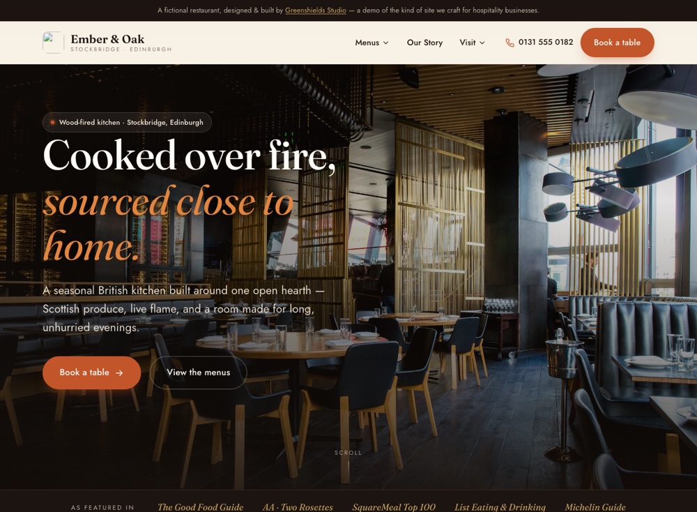 Homepage of the Ember & Oak website, a warm wood-fired Edinburgh restaurant
