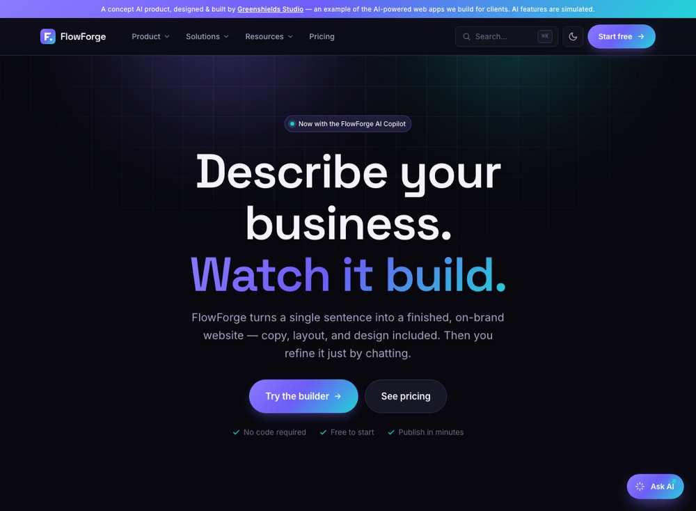Homepage of the FlowForge AI product demo, a dark-themed SaaS website