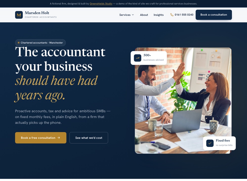 Homepage of the Marsden Holt website, an authority-led navy chartered-accountancy firm site