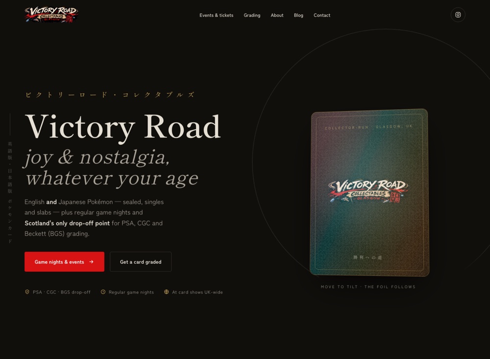 Homepage of the Victory Road Collectables website, a dark Pokémon TCG shop site with an interactive foil card