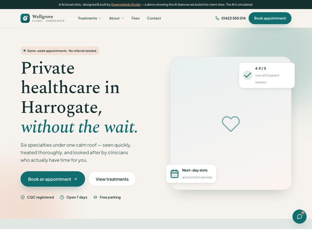 Homepage of the Wellgrove Clinic website, a calm teal private healthcare site